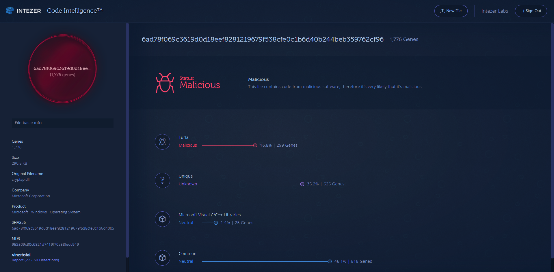 A screenshot from the Intezer Analyze™ product displaying partial code connections between new sample to old samples of Agent.BTZ(Turla group).