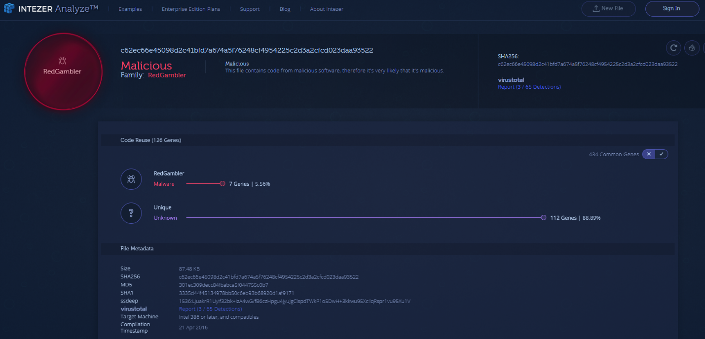Malware sample first compiled in 2016, with RedGambler code genes as analyzed in Intezer.
