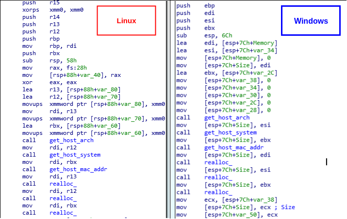 Similarities in code structure between ACBackdoor Linux and Windows instances