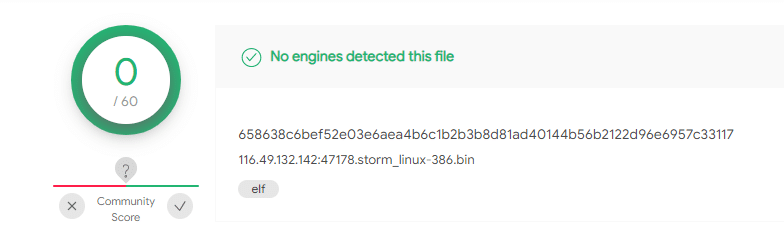 658638c6bef52e03e6aea4b6c1b2b3b8d81ad40144b56b2122d96e6957c33117 sample undetected in VirusTotal.