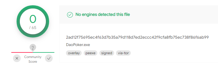 Figure 12: DaoPoker application in VirusTotal (2c35bfabc6f441a90c8cc584e834eb59)
