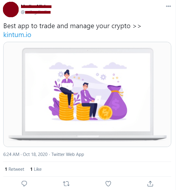 Figure 7: eTrade (Kintum) promoted via a social media advertiser on Twitter