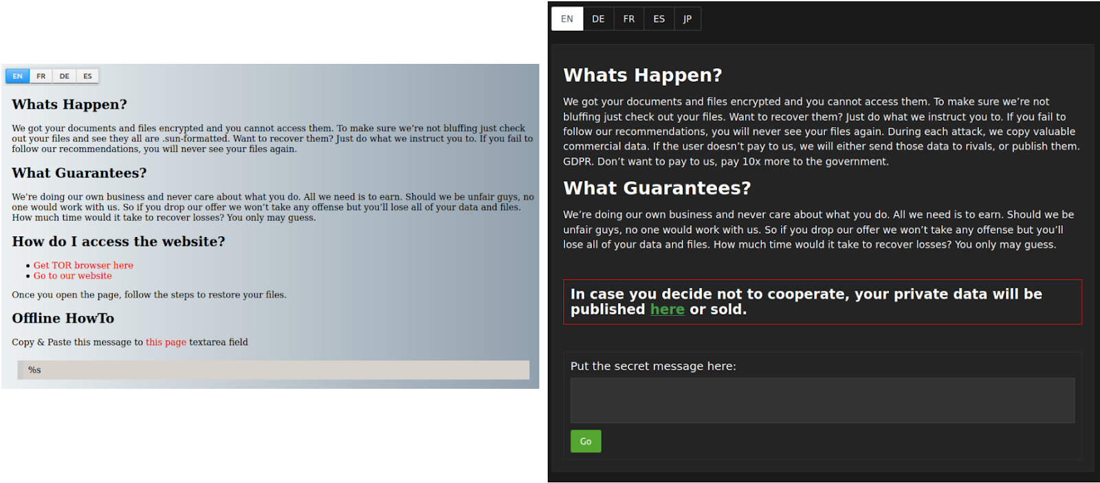 Figure 1: Ransom note pages for SunCrypt. Left is showing the original ransom note and right is showing the current ransom note used. Both share the same typos and structure. The current ransom note provides a link to the leak site while the original note does not.