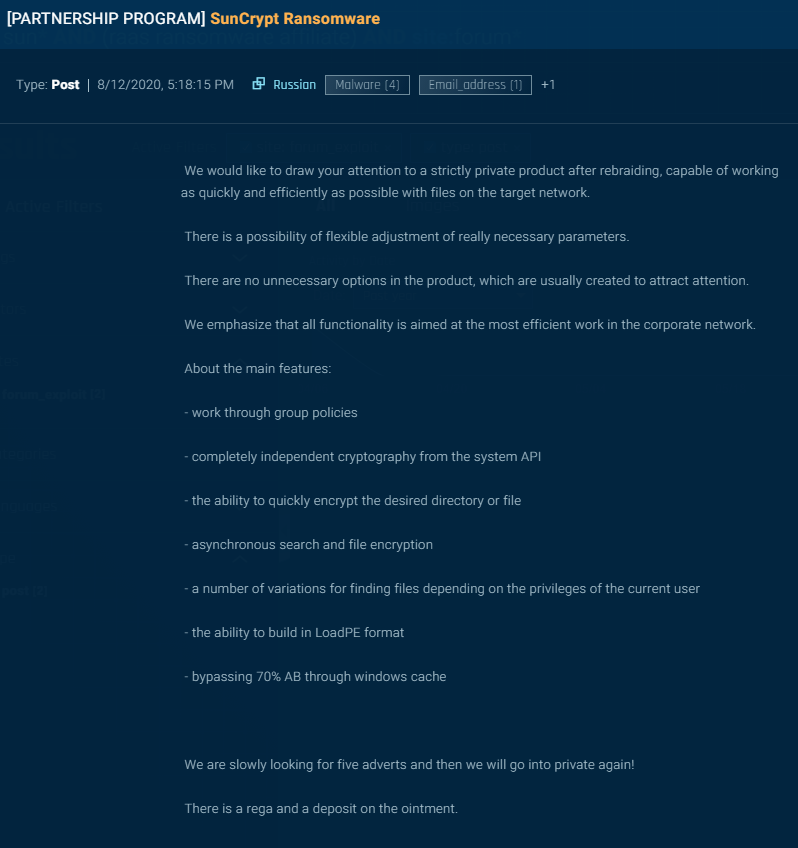 Figure 13: Forum post announcing the SunCrypt partnership program.