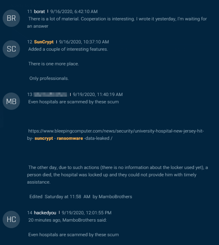Figure 14: Another threat actor posts in the SunCrypt thread about how the ransomware has been used in attacks against hospitals.