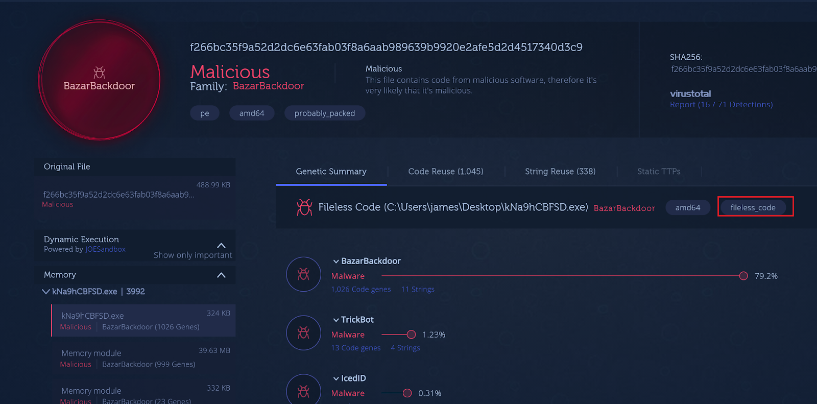 Bazar sample (3578e96b72cba790179d546f11e045ca) injects fileless code