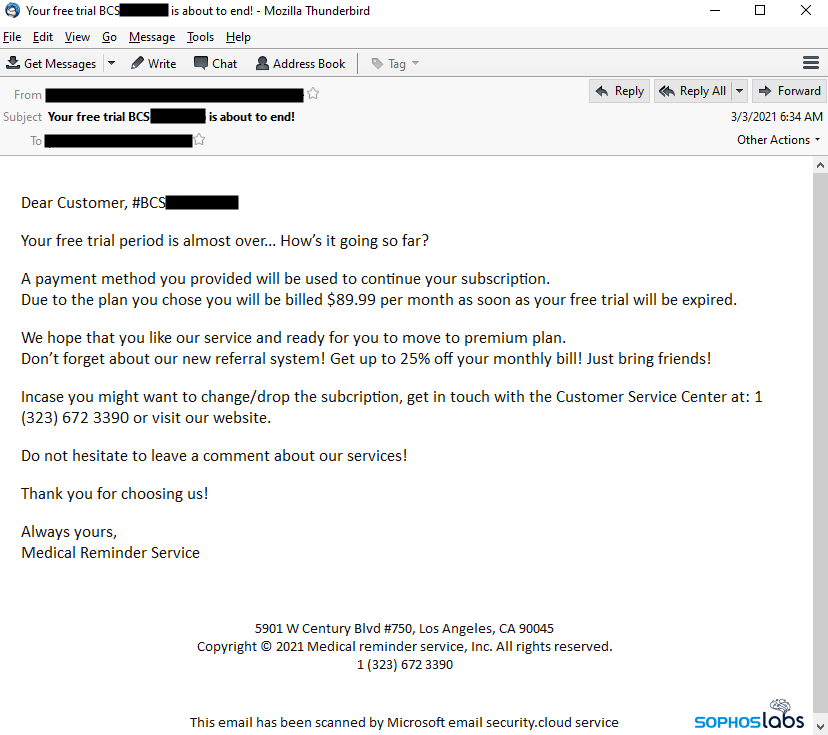 Example of a BazarCall phishing email (source: Sophos)