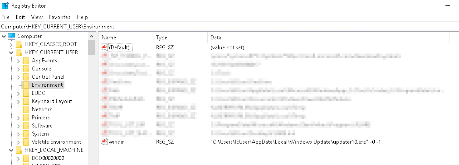 Figure 14: windir variable set in the registry