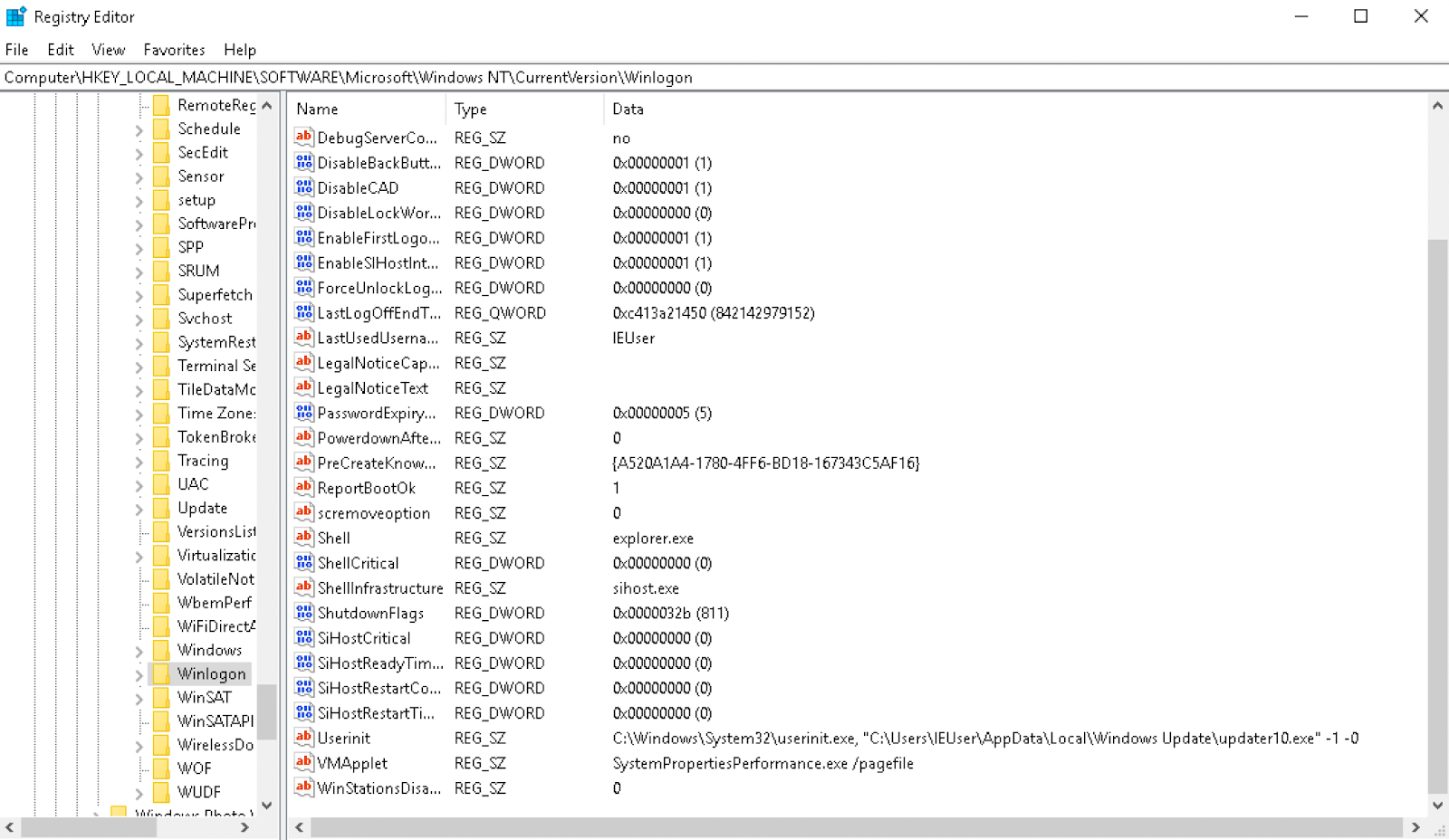 Figure 6: Winlogon registry modified