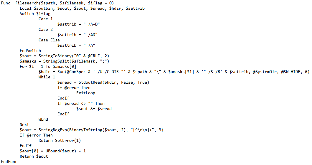 Code snippet from the AutoIt script _filsearch function.