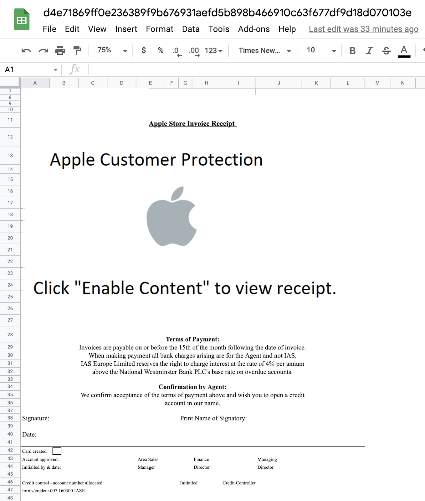 Spreadsheet lure masquerading as an Apple Store receipt.