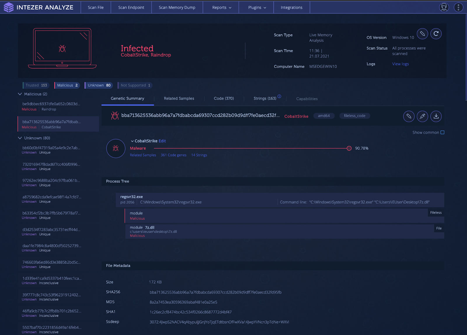 Intezer Analyze endpoint scan result for Raindrop loading and executing a fileless Cobalt Strike payload.