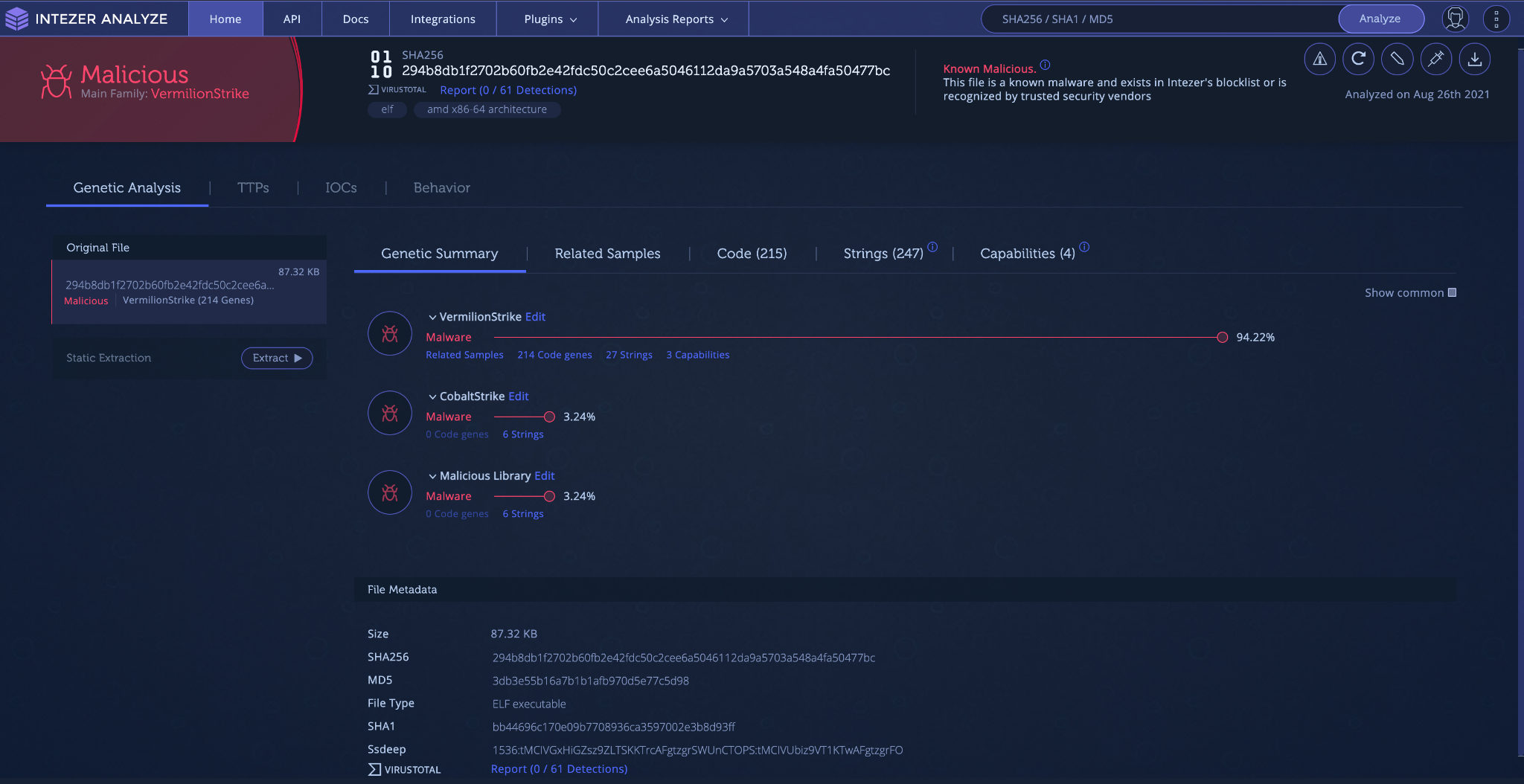 Intezer verdict of Linux version of Vermilion Strike
