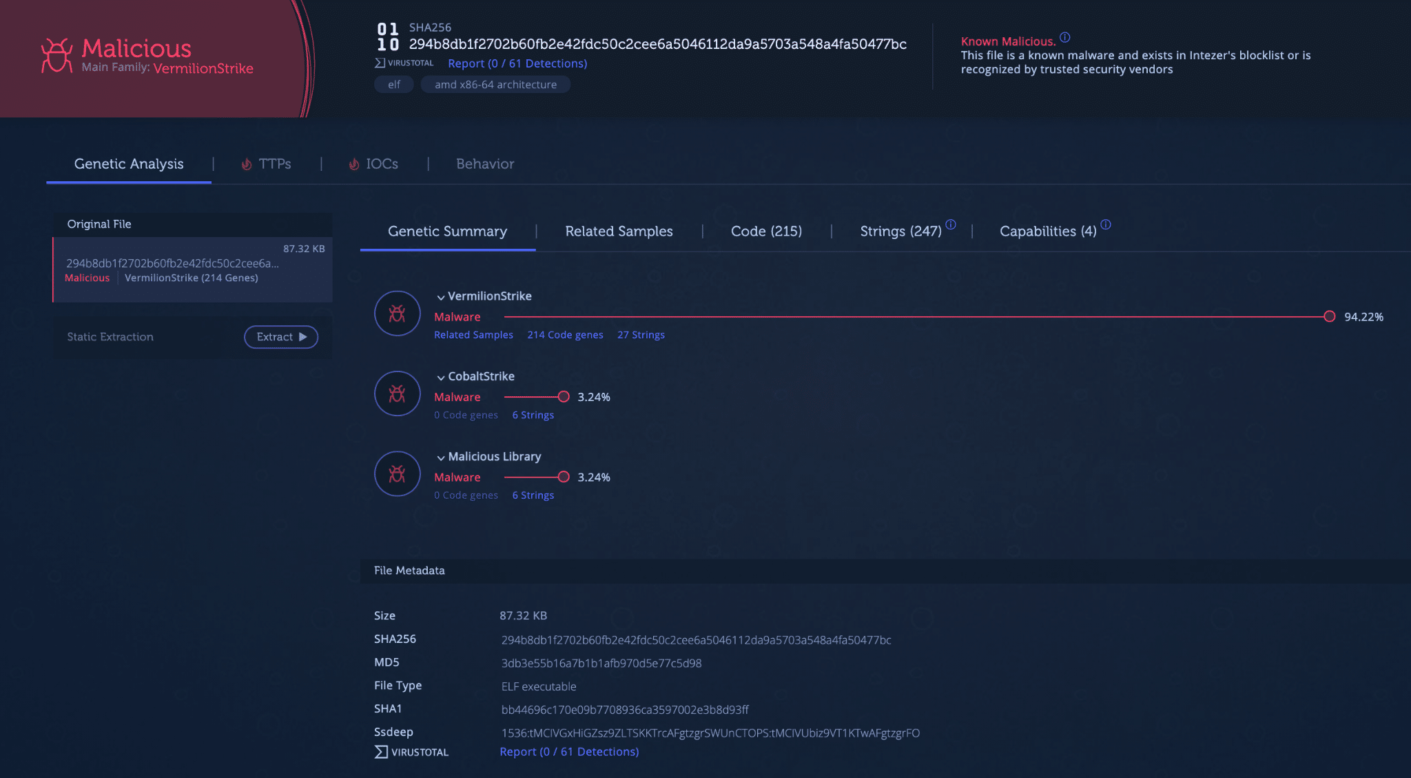 Vermilion Strike analysis in Intezer: https://analyze.intezer.com/files/294b8db1f2702b60fb2e42fdc50c2cee6a5046112da9a5703a548a4fa50477bc