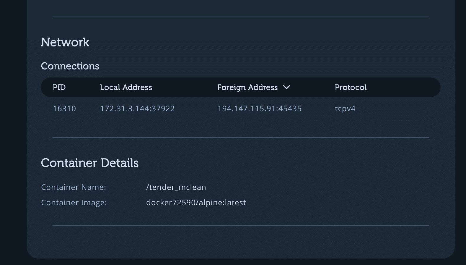 Network and container details.