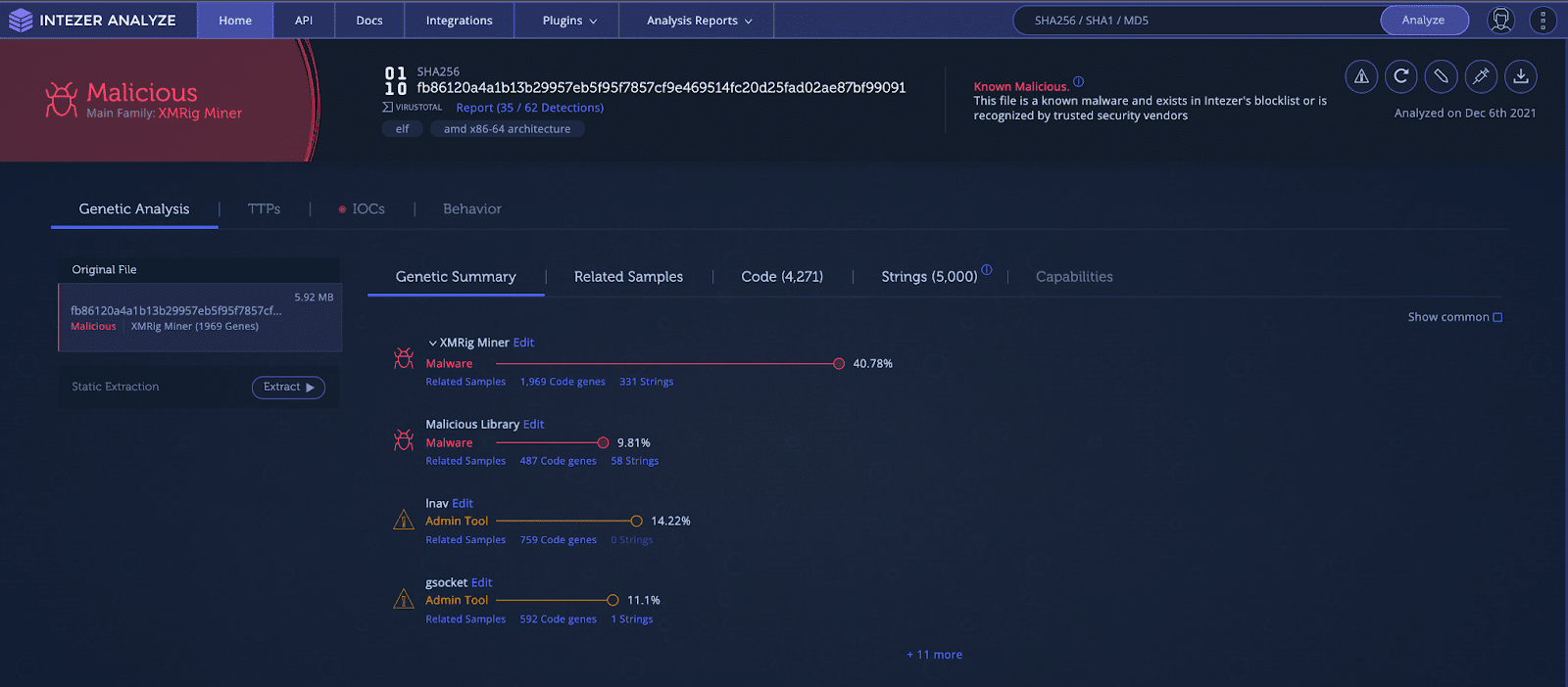 Genetic analysis of the cryptominer in Intezer Analyze.