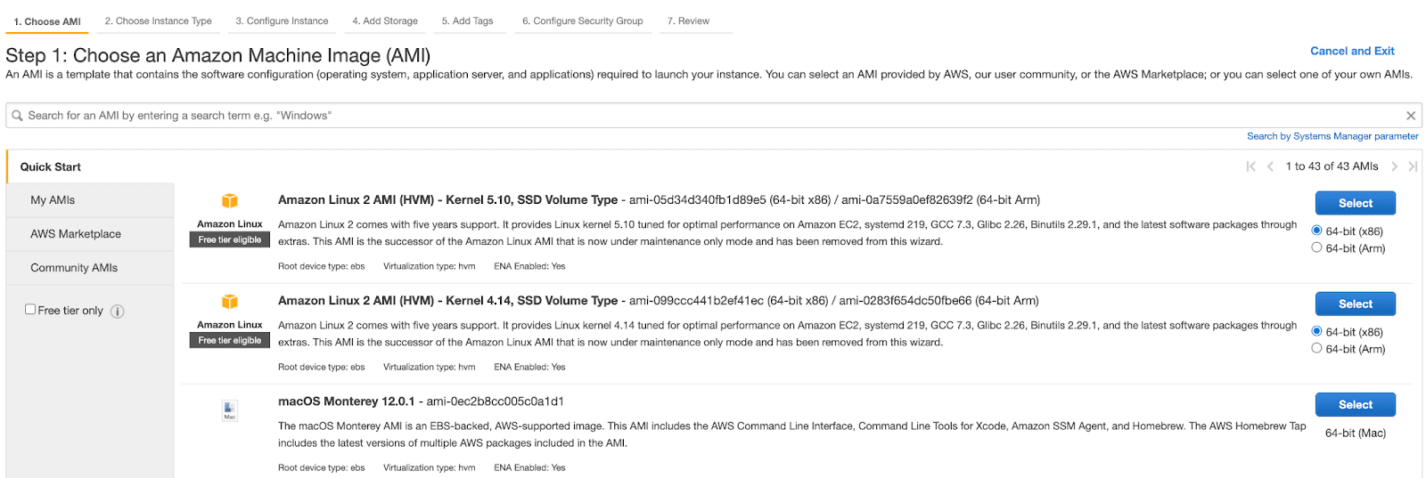 Amazon machine images to choose from.