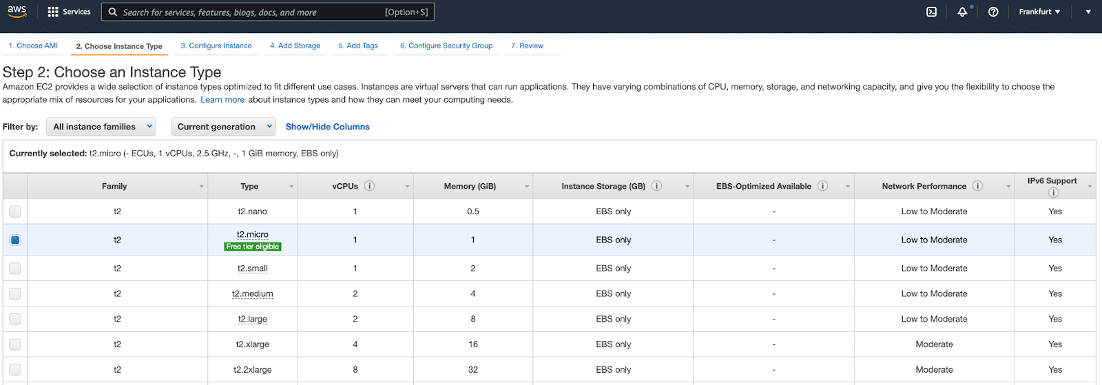 Instance Type choices in AWS.