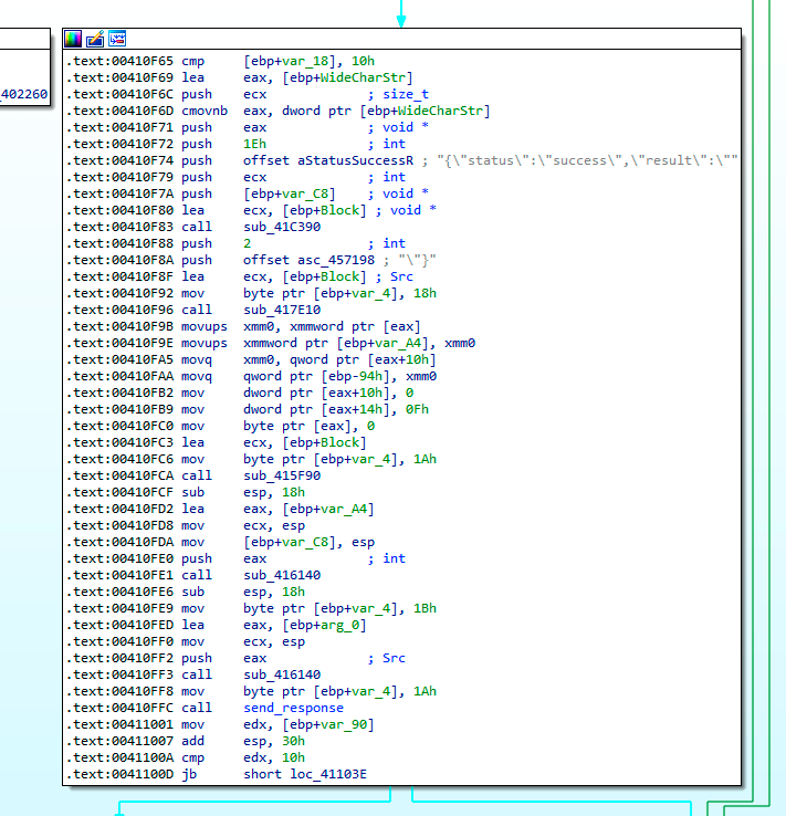 IDA code snippet of the parsing function, building cmd command response.