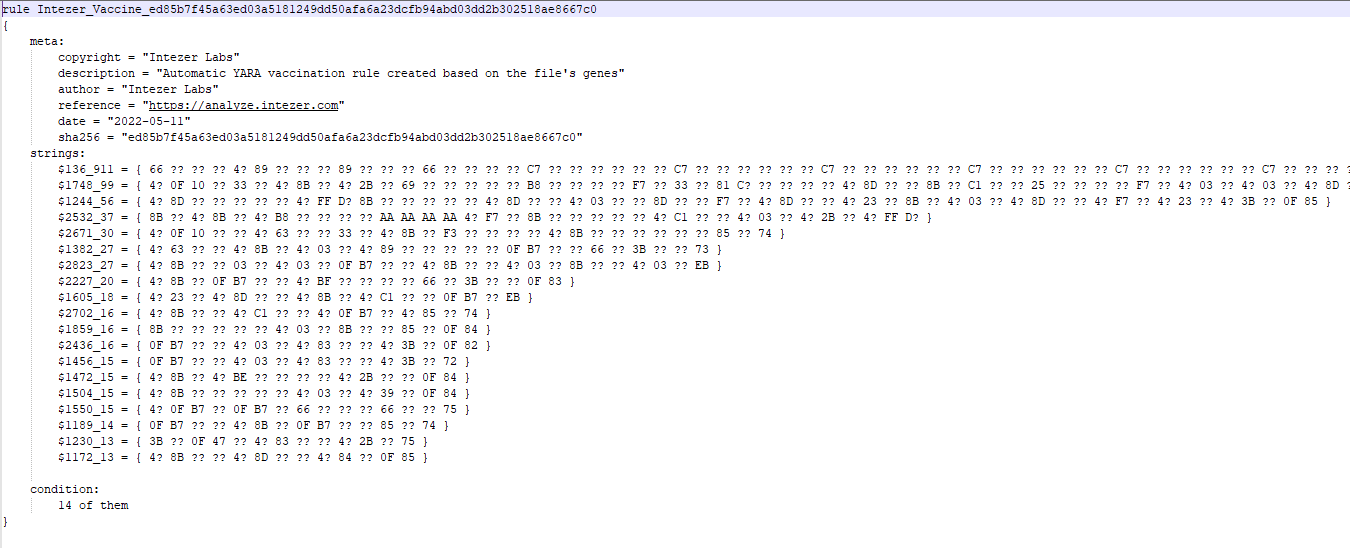 Example YARA rule, generated by Intezer to detect Emotet.