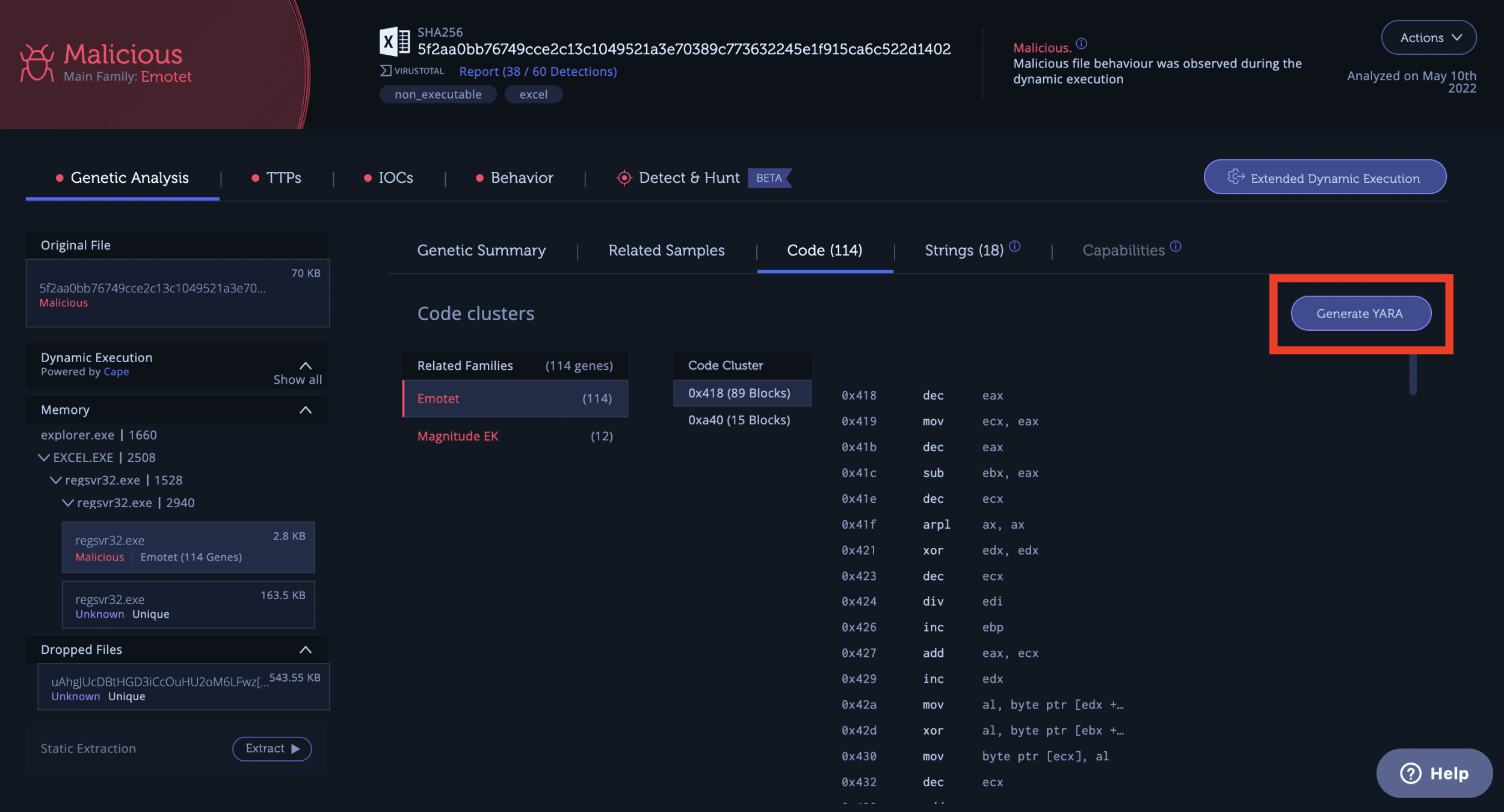 Intezer analysis of Emotet, with red box highlighting the button to generate a code-based YARA signature (SHA256: 5f2aa0bb76749cce2c13c1049521a3e70389c773632245e1f915ca6c522d1402)