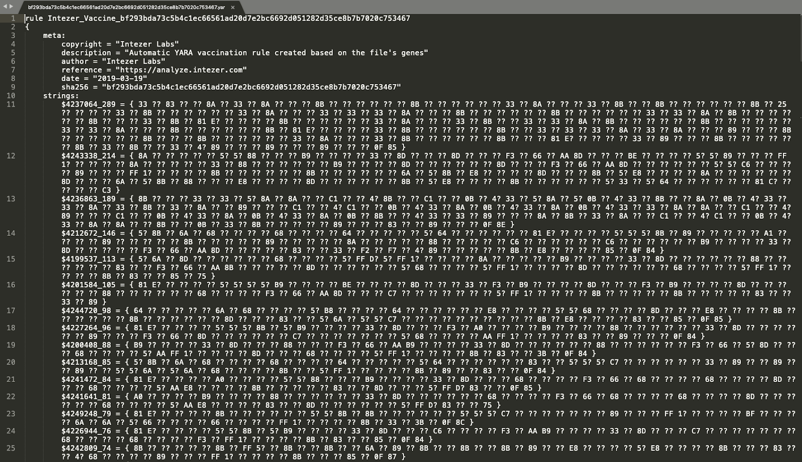 Example YARA rule for WannaCry.