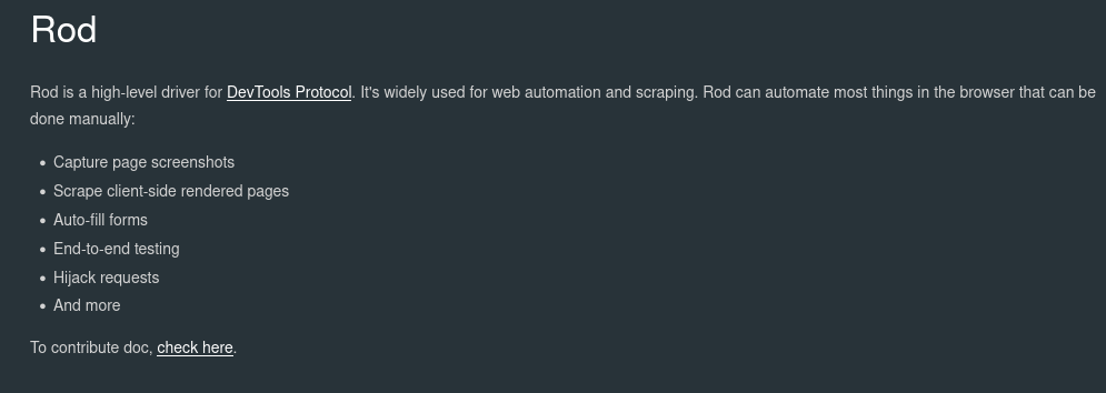 Figure 2: Screenshot of Rods documentation describing the framework.