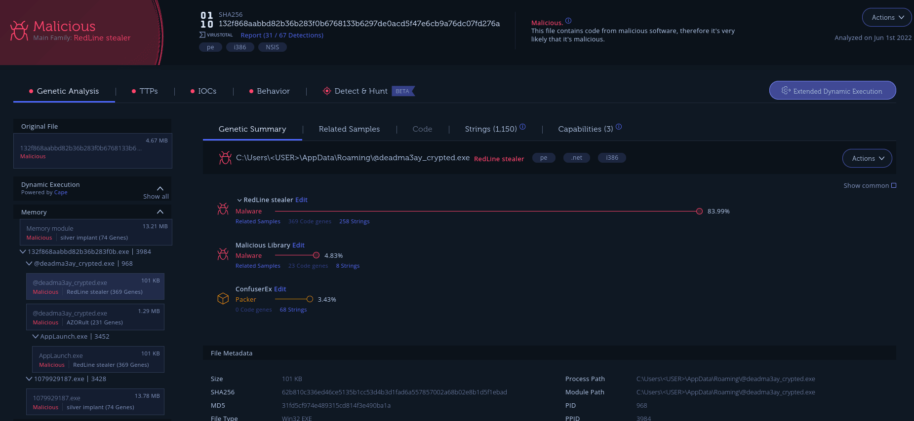Figure 6: Intezer Analyze result for one of the malware dropping YTStealer together with RedLine stealer. (https://analyze.intezer.com/files/132f868aabbd82b36b283f0b6768133b6297de0acd5f47e6cb9a76dc07fd276a)