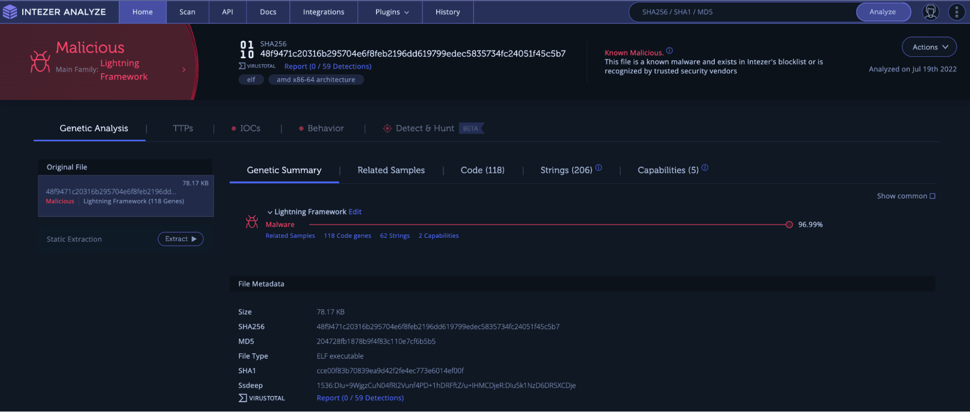 Lightning Downloader result in Intezer Analyze