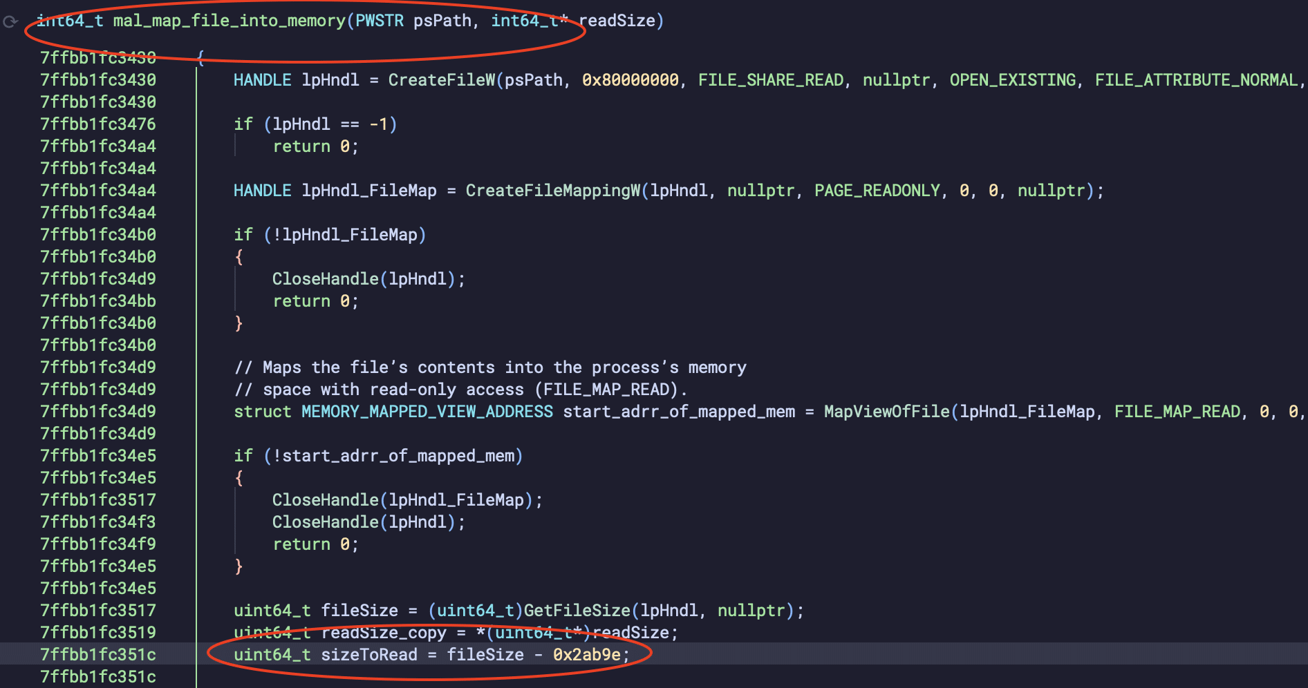 A function in the loader that handles the mapping of the PNG file into the memory. Specifically, it looks for the data that begins at offset 0x2AB9E in the PNG file.