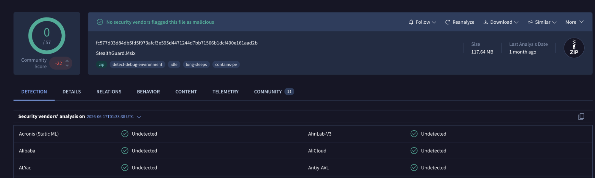 Figure 5: Screenshot showing the clean detection in VirusTotal.